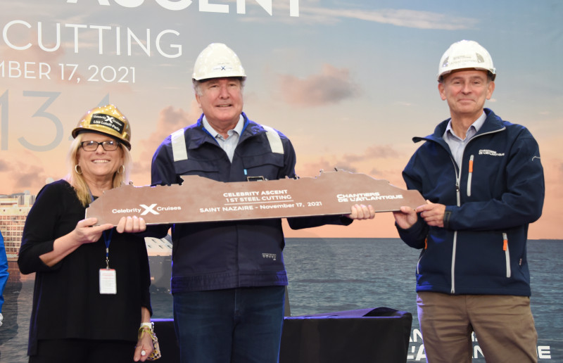 Celebrity Cruises CEO Lisa Lutoff-Perlo joins Richard Fain, Chairman and CEO of the Royal Caribbean Group, and Laurent Castaing, General Manager, Chantiers de l'Atlantique to cut the steel on the fourth Edge series ship, Celebrity Ascent (November 2021)